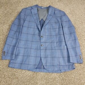 Peter Millar Windowpane Crown Soft Mens 2XL Light Blue Blazer Wool Silk Linen